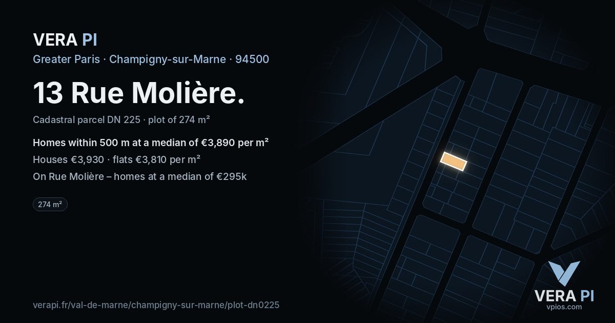 13 Rue Molière, Champigny-sur-Marne at night – the plot lit, the parcels around coloured by the prices near them