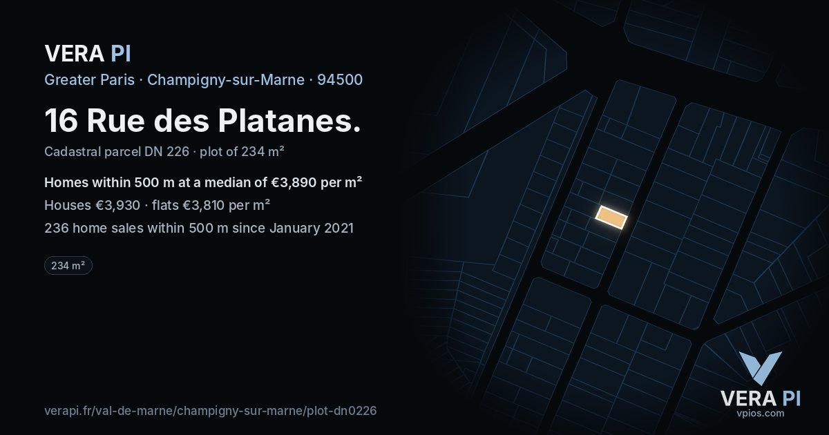 16 Rue des Platanes, Champigny-sur-Marne at night – the plot lit, the parcels around coloured by the prices near them
