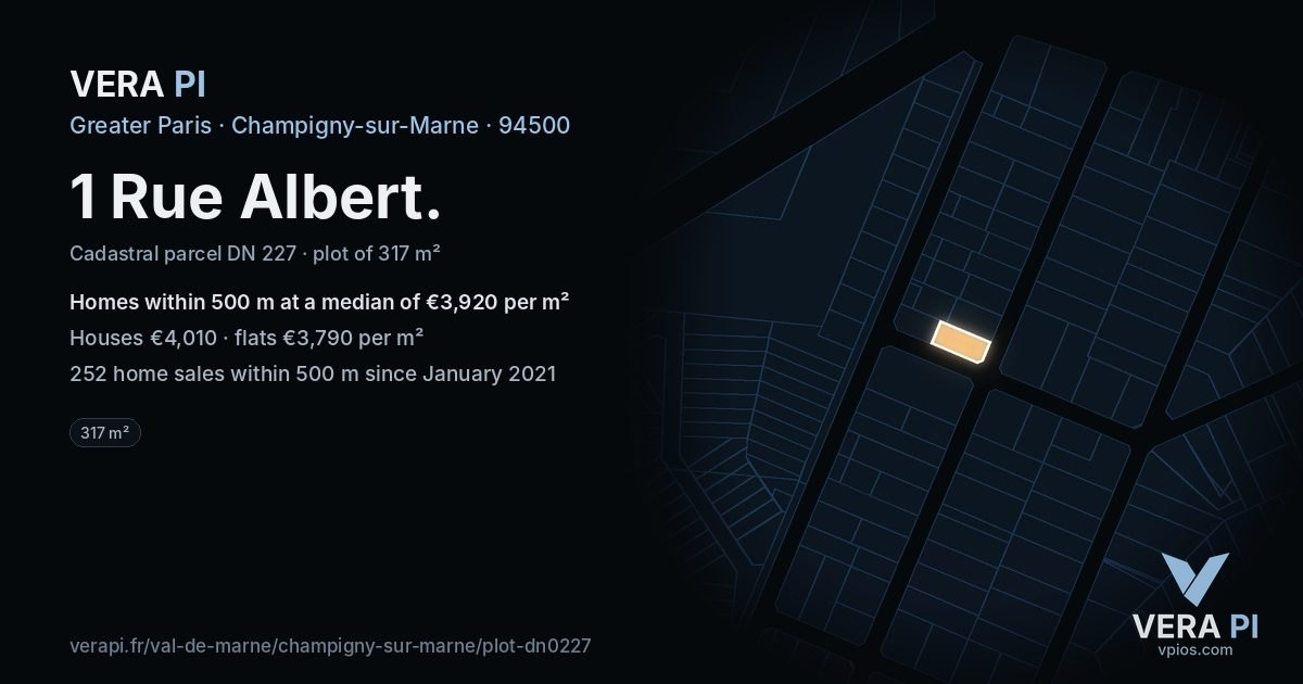 1 Rue Albert, Champigny-sur-Marne at night – the plot lit, the parcels around coloured by the prices near them