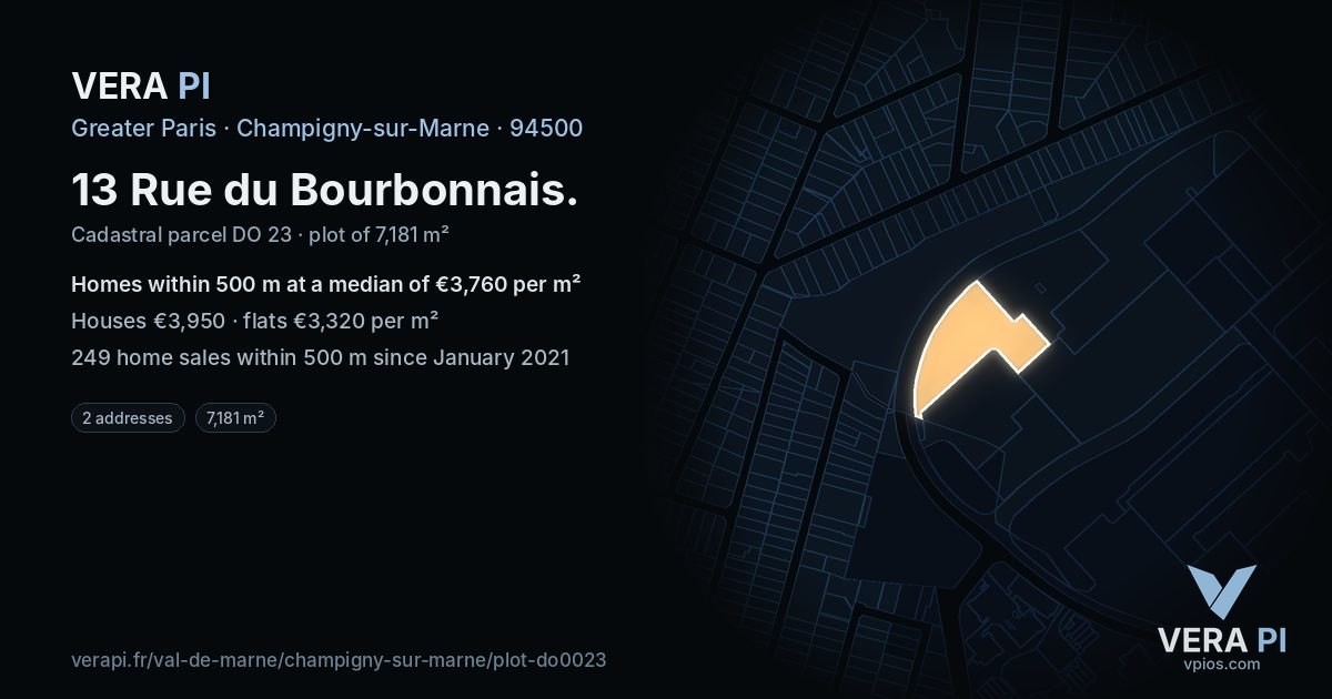 13 Rue du Bourbonnais, Champigny-sur-Marne at night – the plot lit, the parcels around coloured by the prices near them