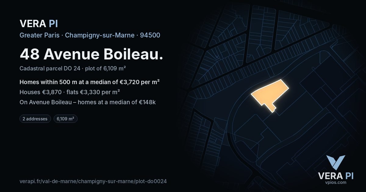 48 Avenue Boileau, Champigny-sur-Marne at night – the plot lit, the parcels around coloured by the prices near them
