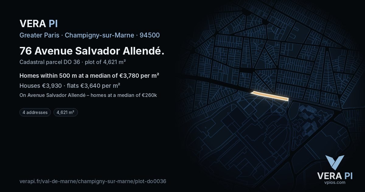76 Avenue Salvador Allendé, Champigny-sur-Marne at night – the plot lit, the parcels around coloured by the prices near them