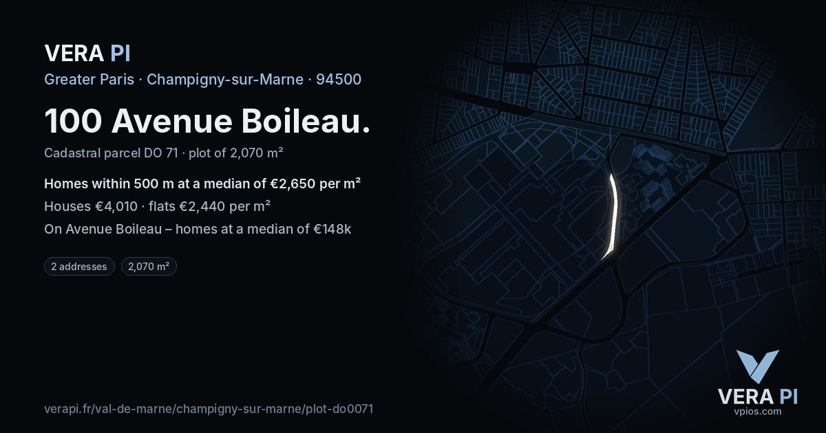 100 Avenue Boileau, Champigny-sur-Marne at night – the plot lit, the parcels around coloured by the prices near them