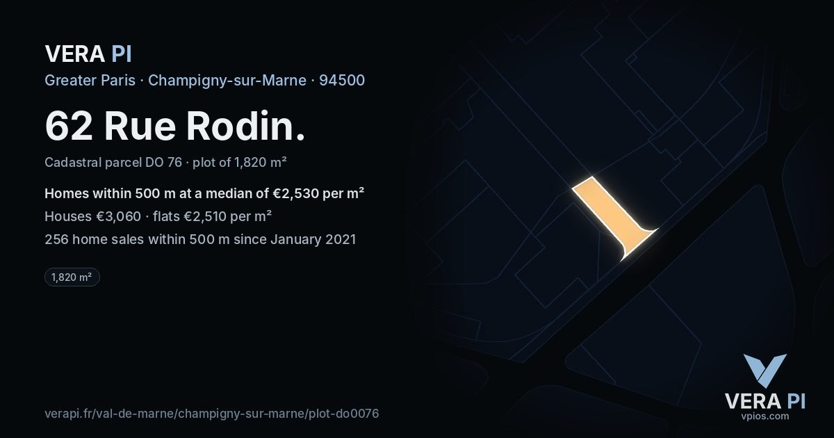 62 Rue Rodin, Champigny-sur-Marne at night – the plot lit, the parcels around coloured by the prices near them
