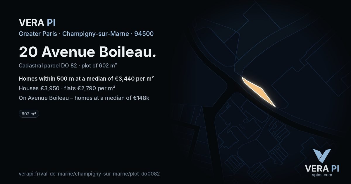 20 Avenue Boileau, Champigny-sur-Marne at night – the plot lit, the parcels around coloured by the prices near them