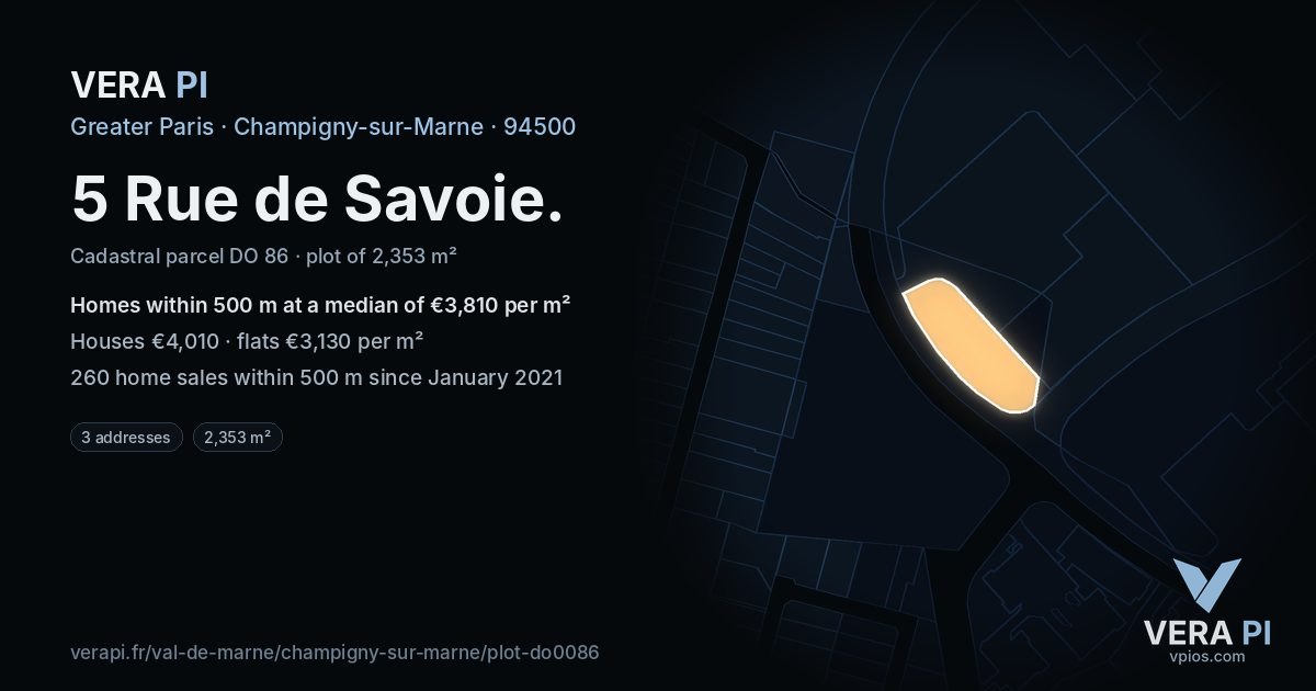 5 Rue de Savoie, Champigny-sur-Marne at night – the plot lit, the parcels around coloured by the prices near them