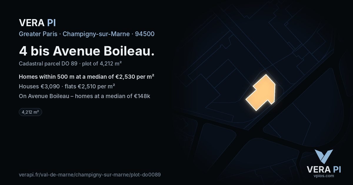 4 bis Avenue Boileau, Champigny-sur-Marne at night – the plot lit, the parcels around coloured by the prices near them