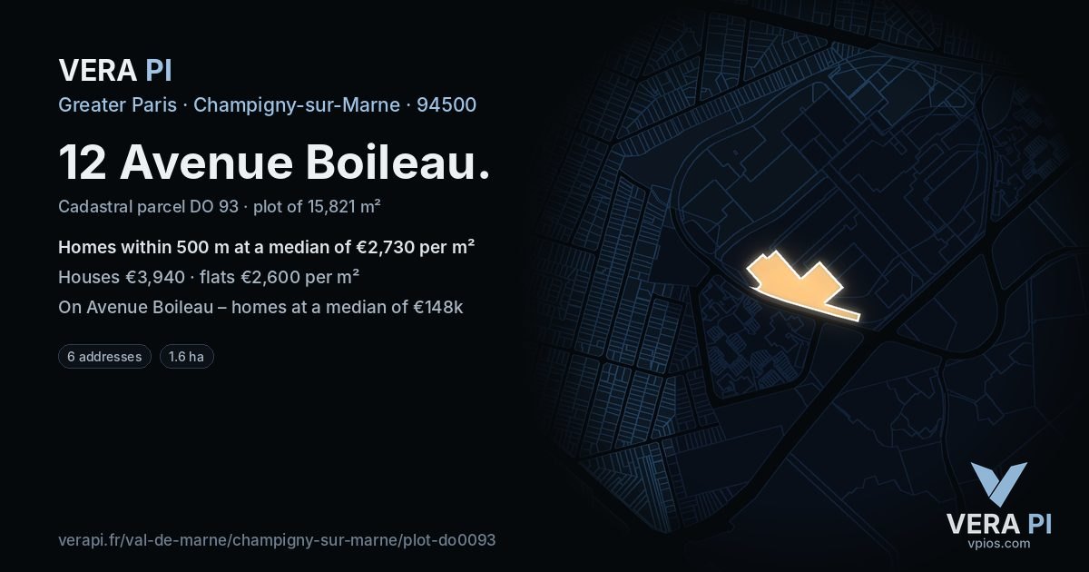 12 Avenue Boileau, Champigny-sur-Marne at night – the plot lit, the parcels around coloured by the prices near them