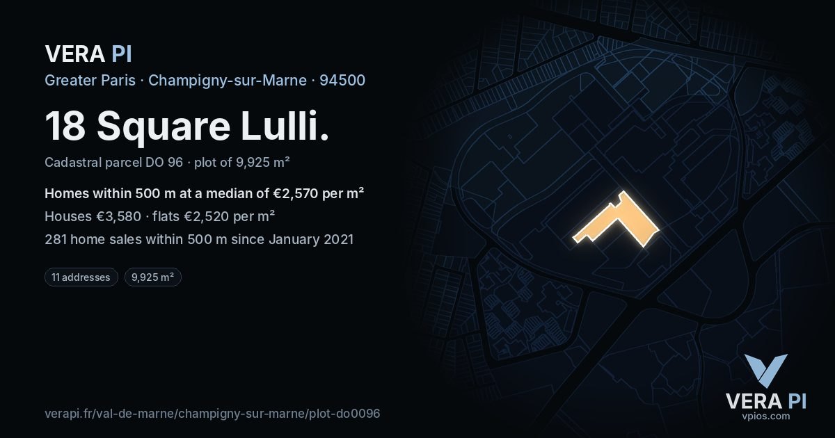 18 Square Lulli, Champigny-sur-Marne at night – the plot lit, the parcels around coloured by the prices near them