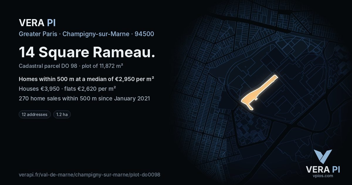 14 Square Rameau, Champigny-sur-Marne at night – the plot lit, the parcels around coloured by the prices near them