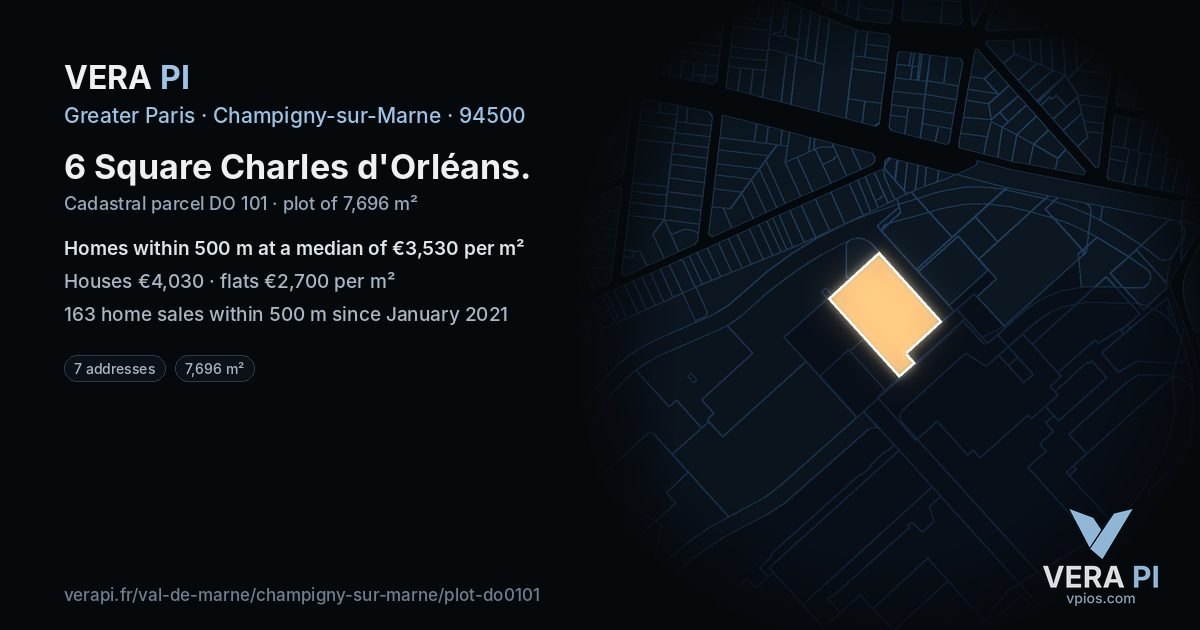 6 Square Charles d'Orléans, Champigny-sur-Marne at night – the plot lit, the parcels around coloured by the prices near them