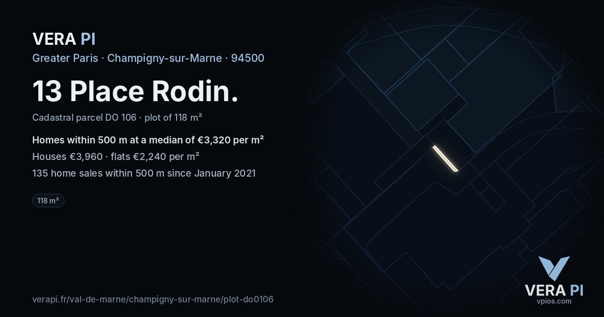 13 Place Rodin, Champigny-sur-Marne at night – the plot lit, the parcels around coloured by the prices near them