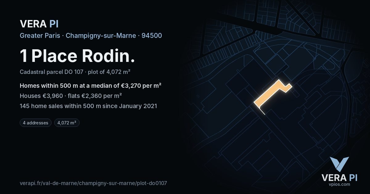 1 Place Rodin, Champigny-sur-Marne at night – the plot lit, the parcels around coloured by the prices near them