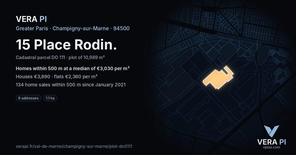 15 Place Rodin, Champigny-sur-Marne at night – the plot lit, the parcels around coloured by the prices near them