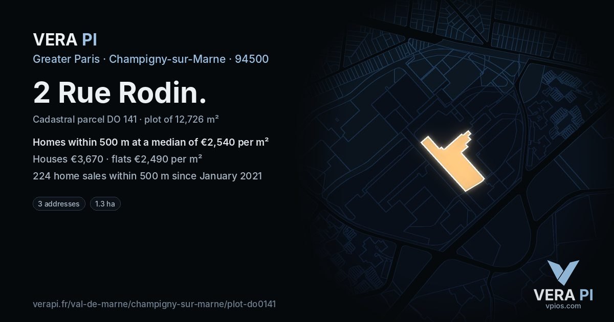 2 Rue Rodin, Champigny-sur-Marne at night – the plot lit, the parcels around coloured by the prices near them