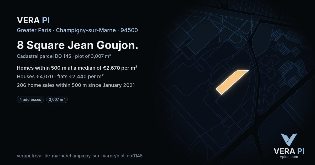 8 Square Jean Goujon, Champigny-sur-Marne at night – the plot lit, the parcels around coloured by the prices near them