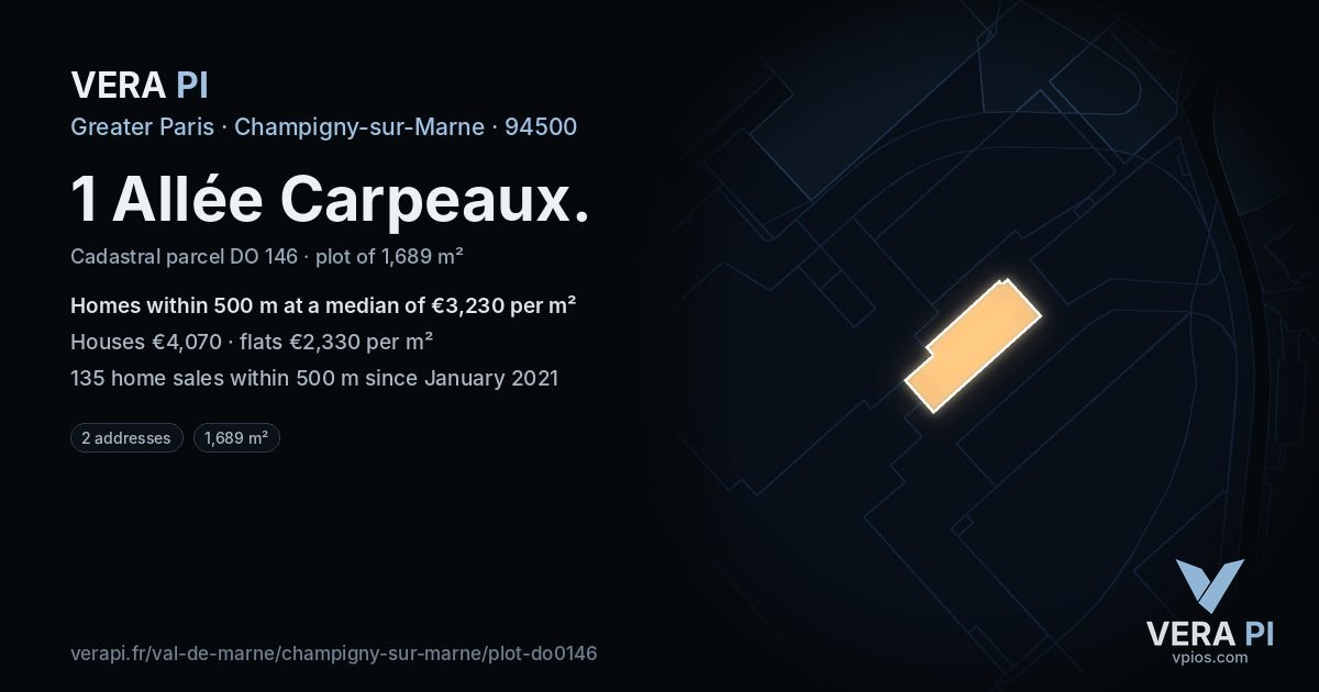 1 Allée Carpeaux, Champigny-sur-Marne at night – the plot lit, the parcels around coloured by the prices near them