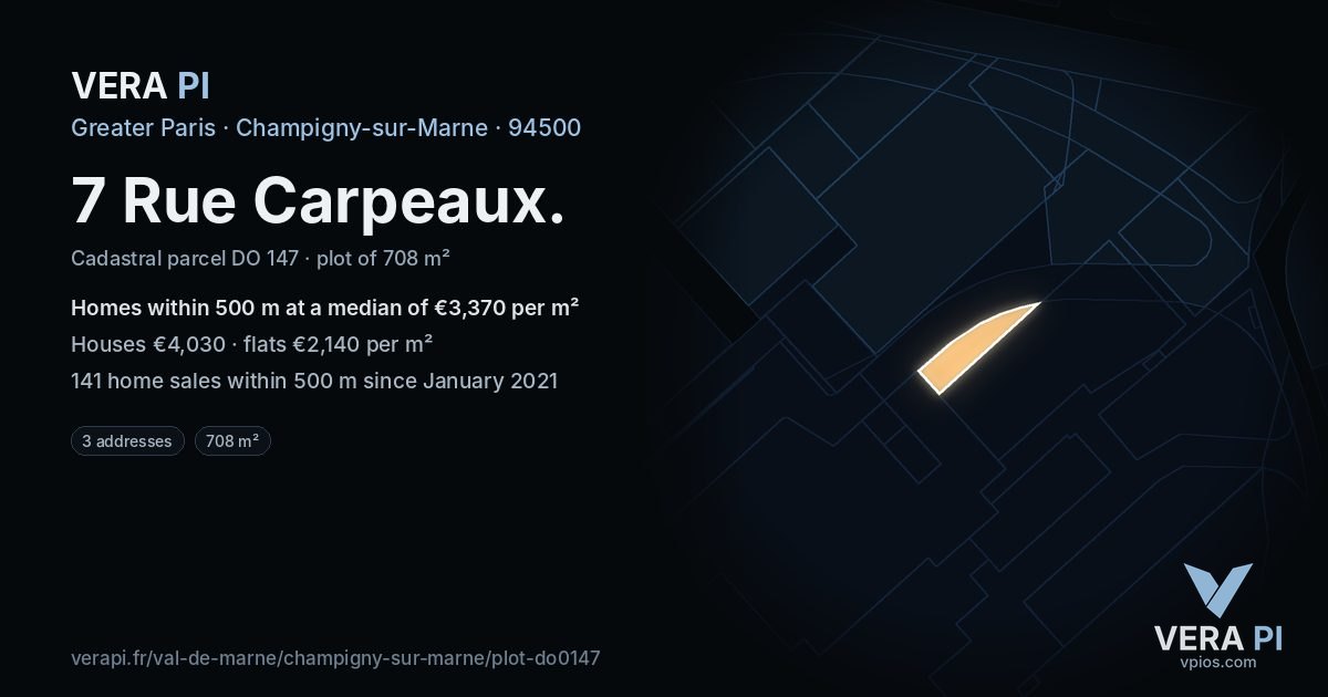 7 Rue Carpeaux, Champigny-sur-Marne at night – the plot lit, the parcels around coloured by the prices near them