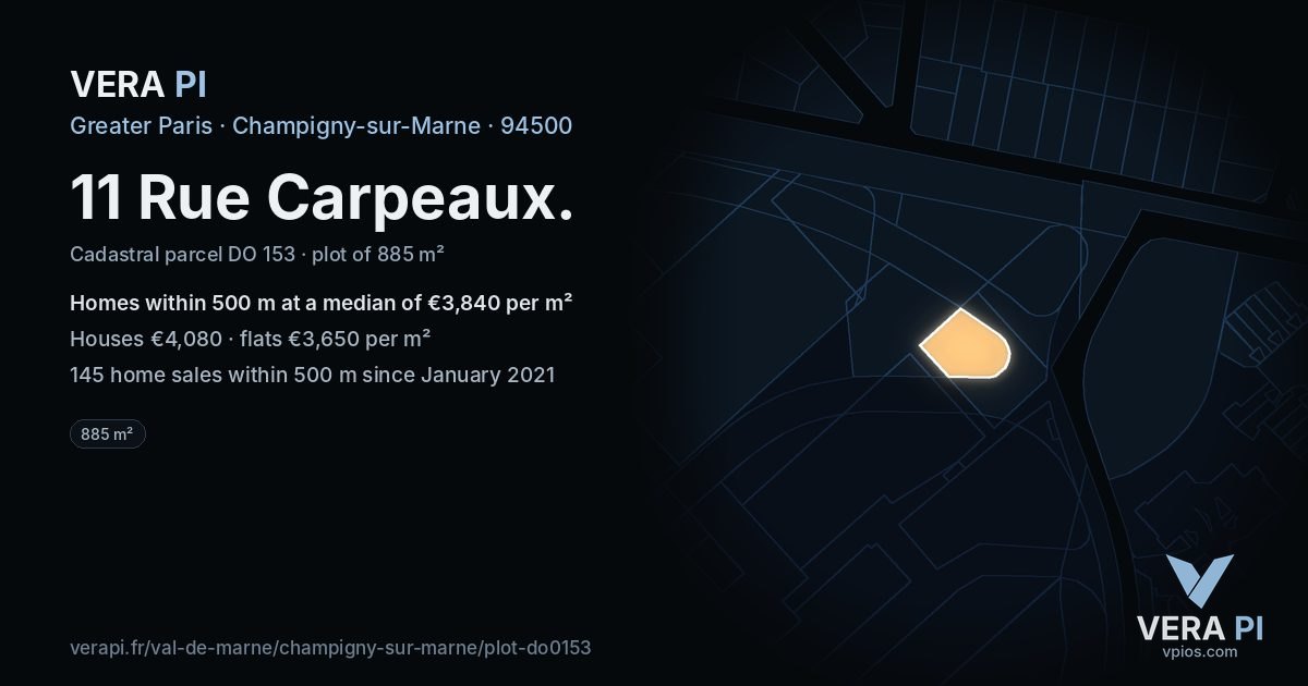 11 Rue Carpeaux, Champigny-sur-Marne at night – the plot lit, the parcels around coloured by the prices near them