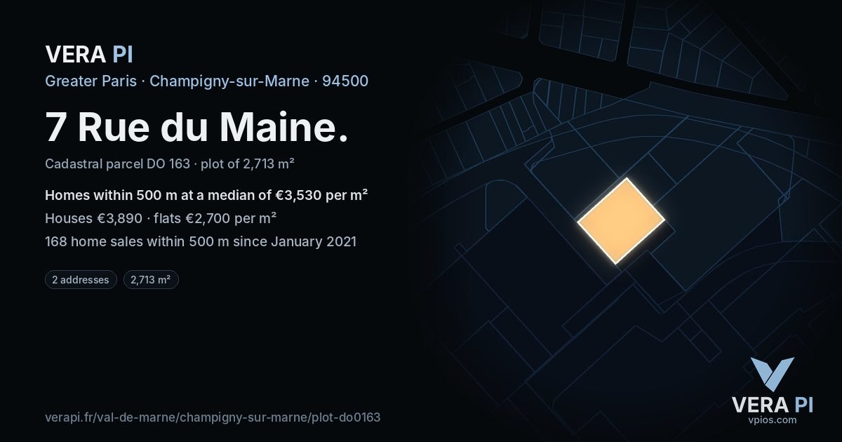 7 Rue du Maine, Champigny-sur-Marne at night – the plot lit, the parcels around coloured by the prices near them