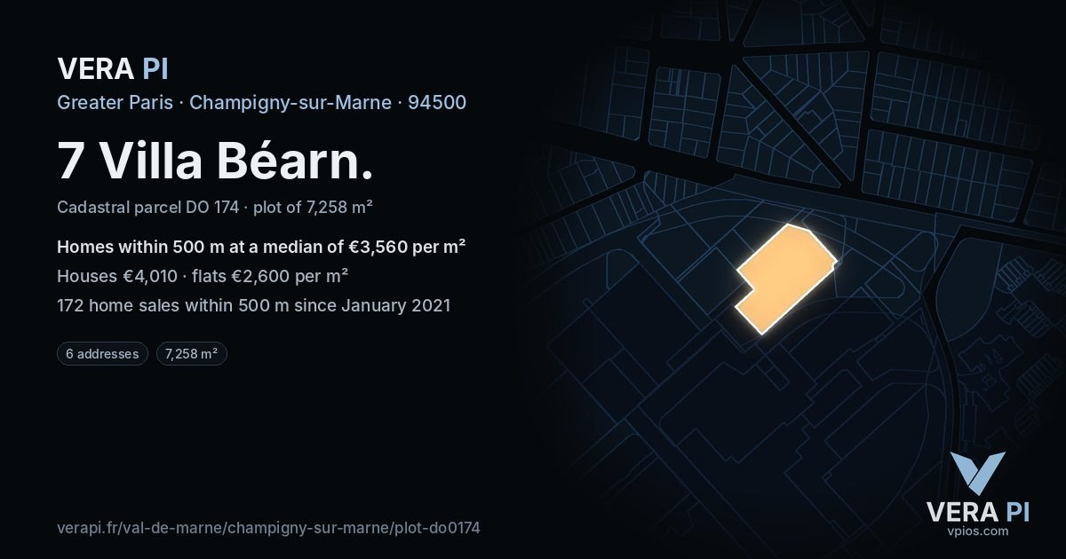 7 Villa Béarn, Champigny-sur-Marne at night – the plot lit, the parcels around coloured by the prices near them