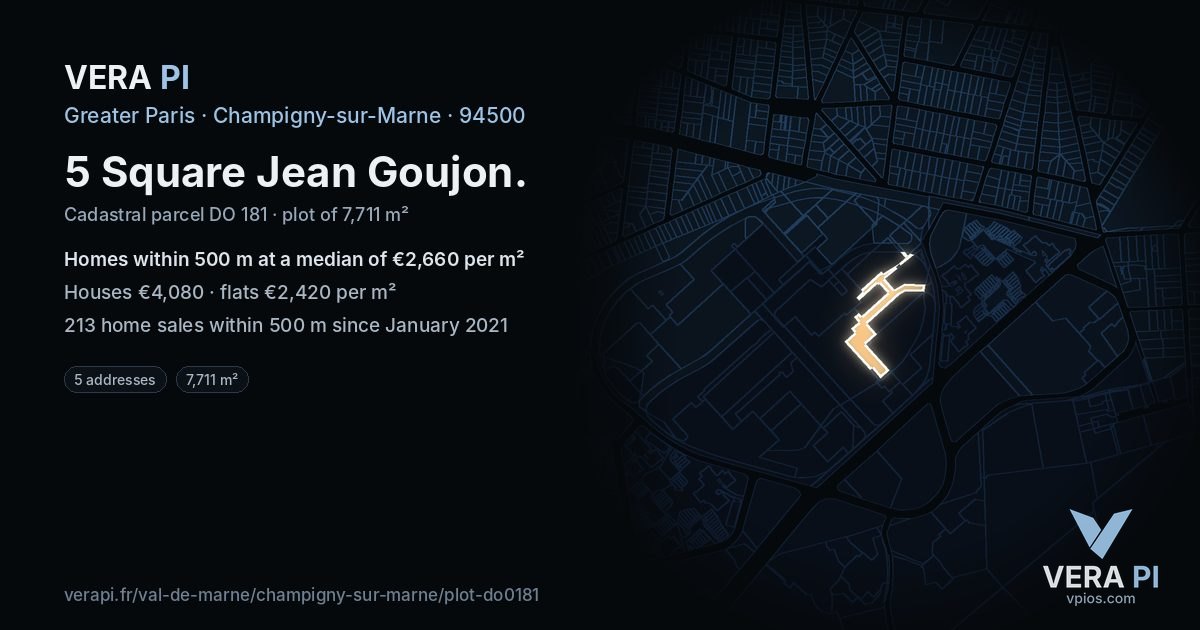 5 Square Jean Goujon, Champigny-sur-Marne at night – the plot lit, the parcels around coloured by the prices near them
