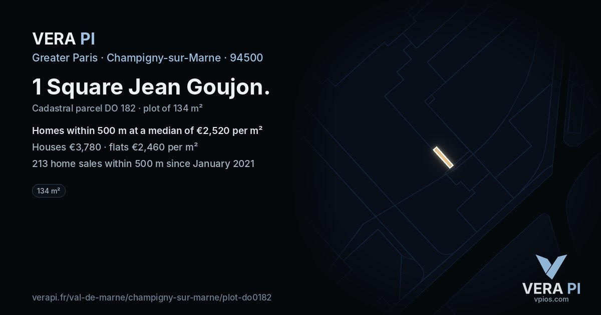 1 Square Jean Goujon, Champigny-sur-Marne at night – the plot lit, the parcels around coloured by the prices near them