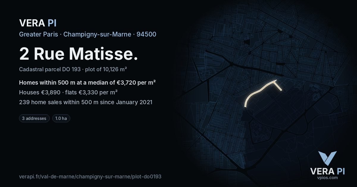 2 Rue Matisse, Champigny-sur-Marne at night – the plot lit, the parcels around coloured by the prices near them