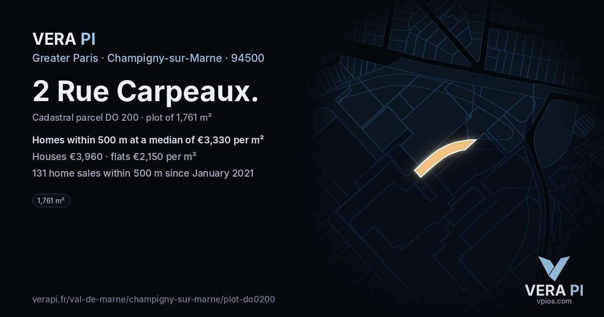 2 Rue Carpeaux, Champigny-sur-Marne at night – the plot lit, the parcels around coloured by the prices near them