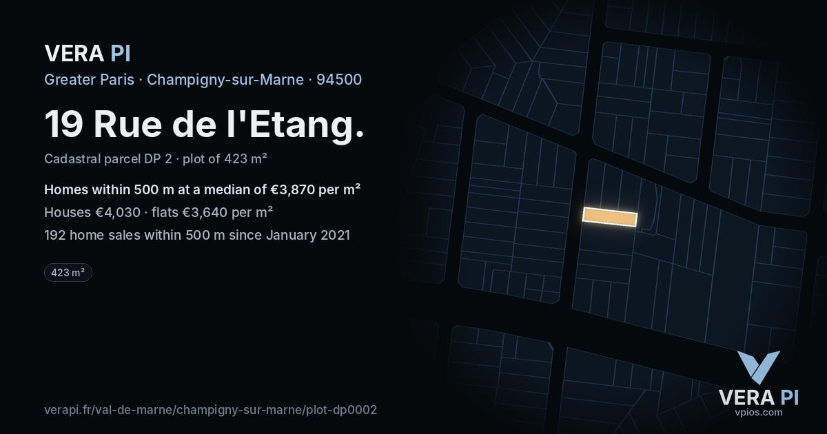 19 Rue de l'Etang, Champigny-sur-Marne at night – the plot lit, the parcels around coloured by the prices near them