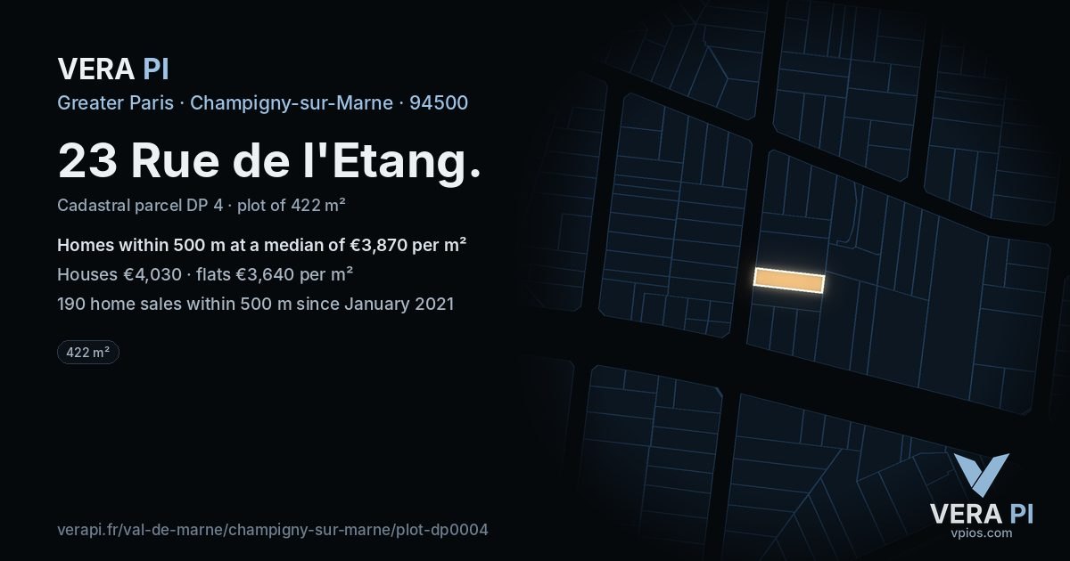 23 Rue de l'Etang, Champigny-sur-Marne at night – the plot lit, the parcels around coloured by the prices near them