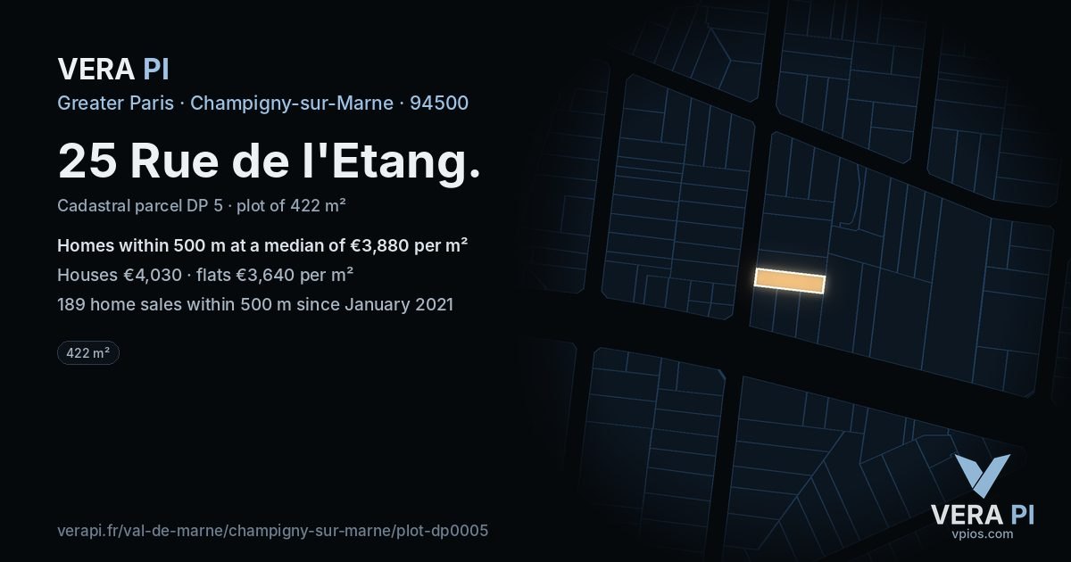 25 Rue de l'Etang, Champigny-sur-Marne at night – the plot lit, the parcels around coloured by the prices near them