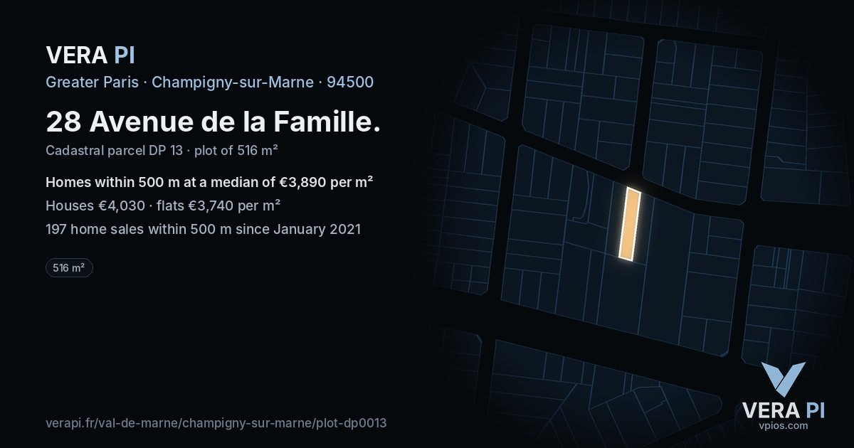 28 Avenue de la Famille, Champigny-sur-Marne at night – the plot lit, the parcels around coloured by the prices near them