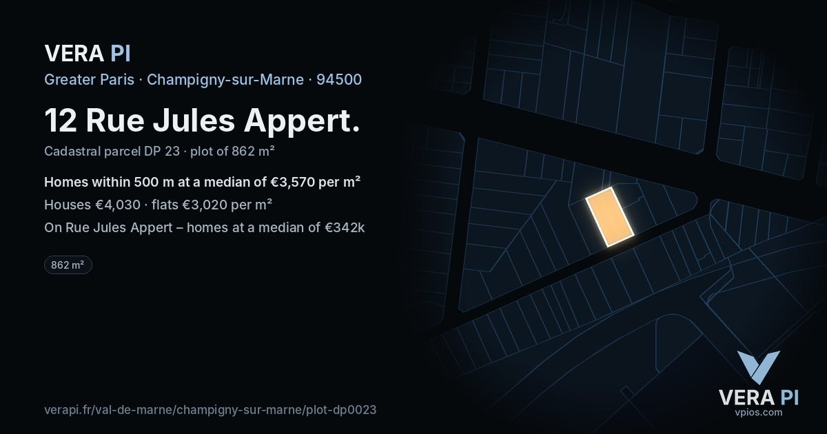 12 Rue Jules Appert, Champigny-sur-Marne at night – the plot lit, the parcels around coloured by the prices near them