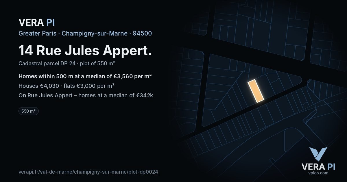 14 Rue Jules Appert, Champigny-sur-Marne at night – the plot lit, the parcels around coloured by the prices near them