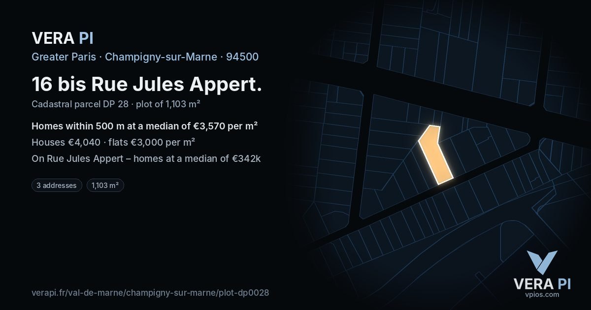16 bis Rue Jules Appert, Champigny-sur-Marne at night – the plot lit, the parcels around coloured by the prices near them