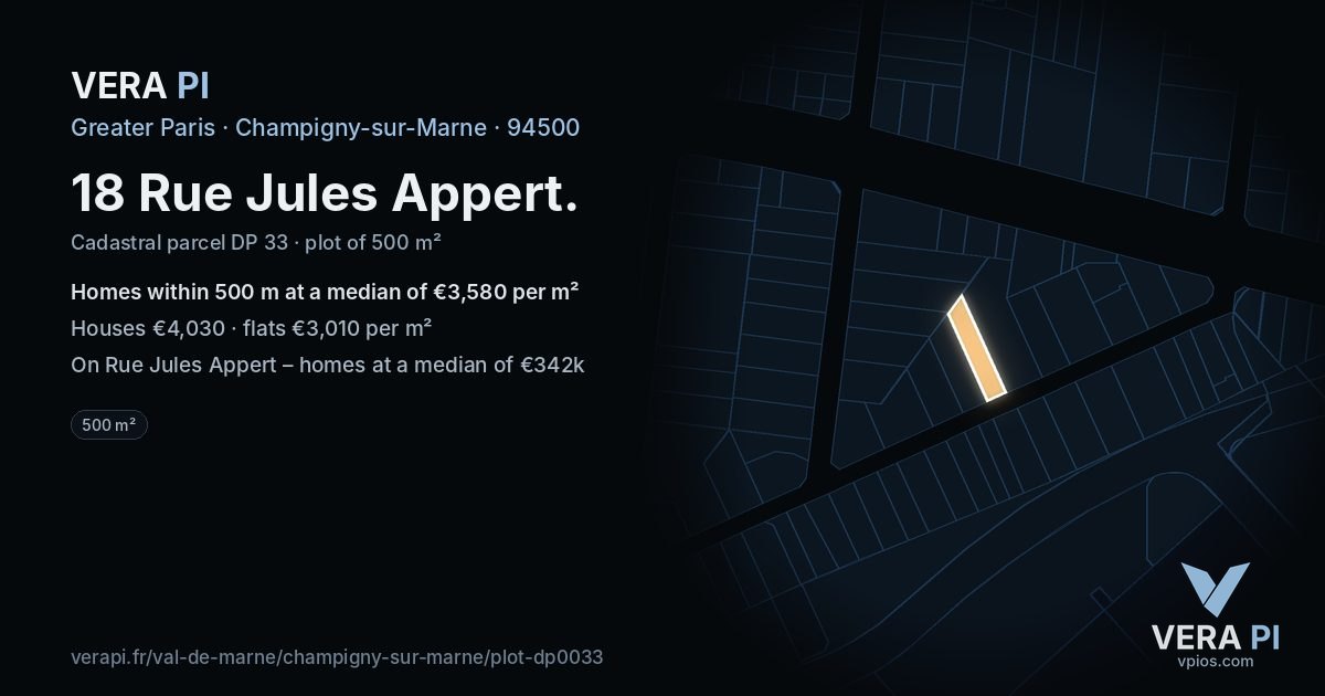 18 Rue Jules Appert, Champigny-sur-Marne at night – the plot lit, the parcels around coloured by the prices near them