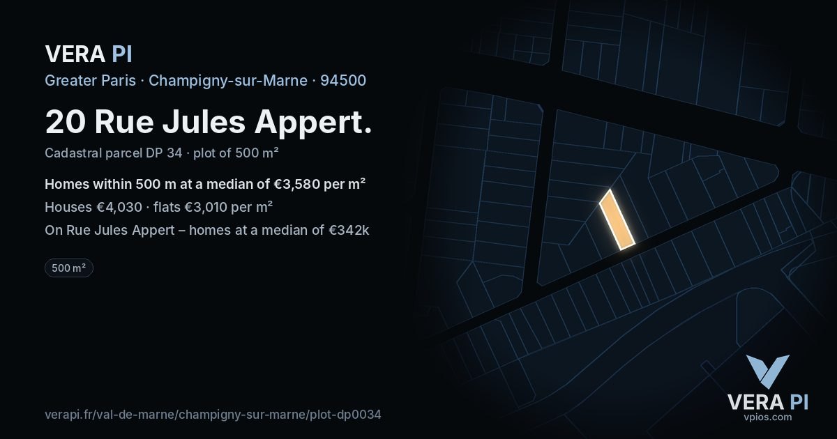 20 Rue Jules Appert, Champigny-sur-Marne at night – the plot lit, the parcels around coloured by the prices near them