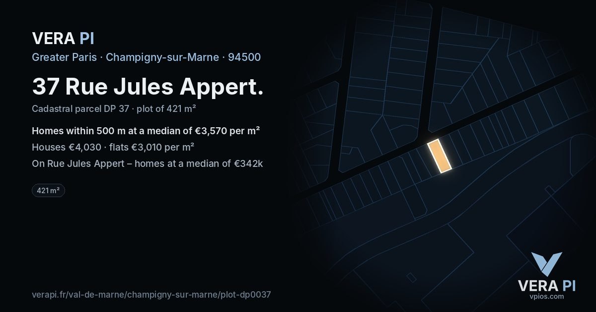 37 Rue Jules Appert, Champigny-sur-Marne at night – the plot lit, the parcels around coloured by the prices near them