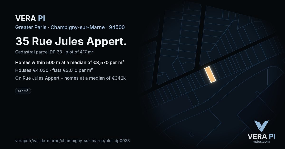 35 Rue Jules Appert, Champigny-sur-Marne at night – the plot lit, the parcels around coloured by the prices near them