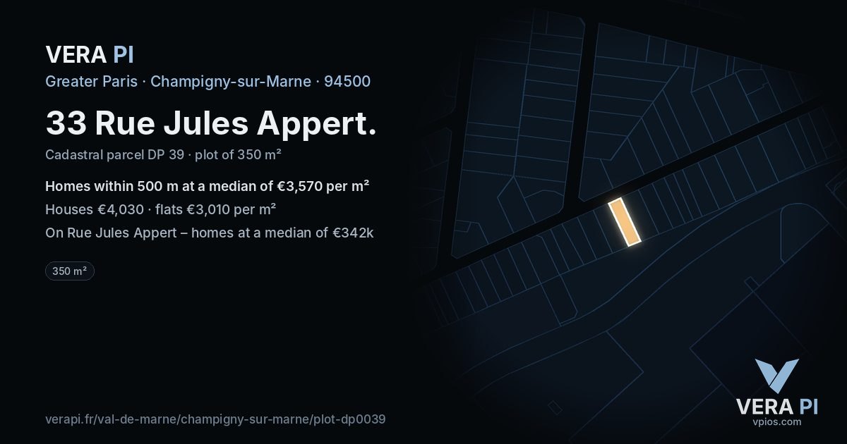 33 Rue Jules Appert, Champigny-sur-Marne at night – the plot lit, the parcels around coloured by the prices near them