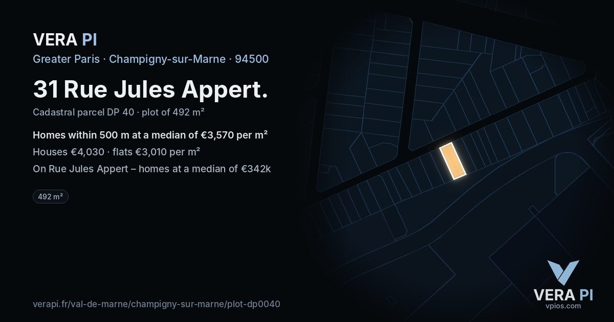 31 Rue Jules Appert, Champigny-sur-Marne at night – the plot lit, the parcels around coloured by the prices near them