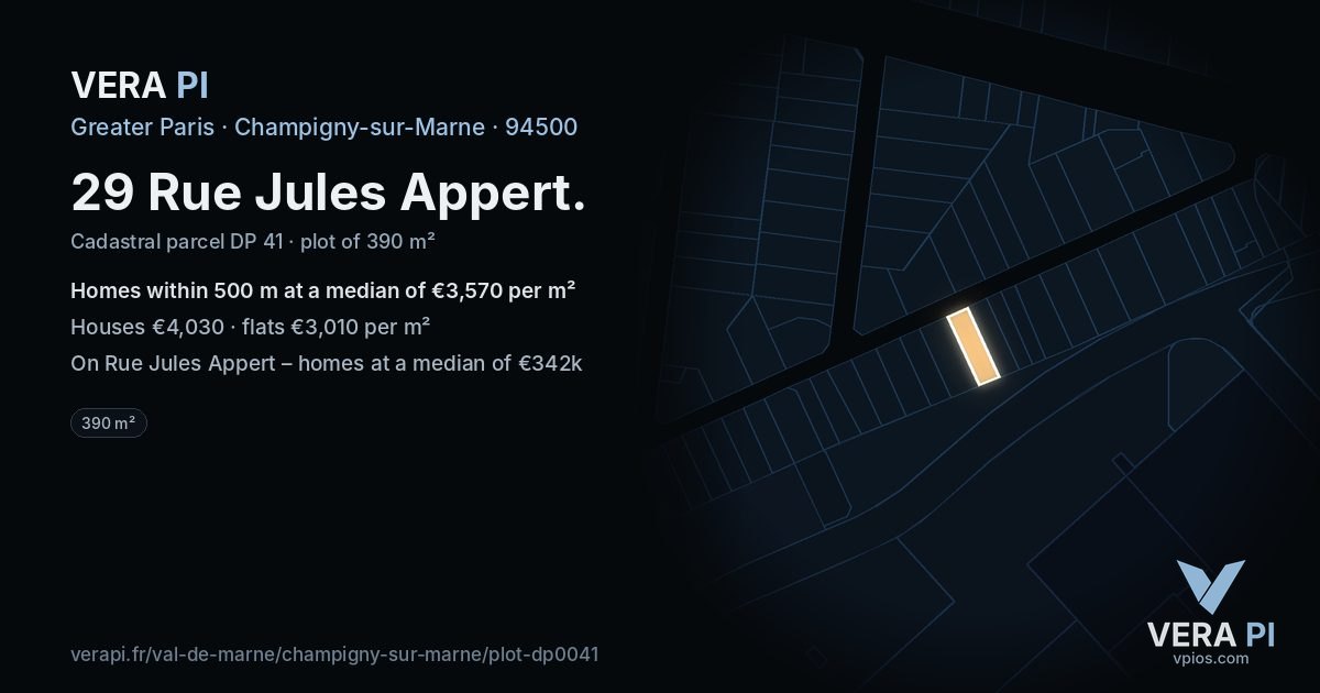 29 Rue Jules Appert, Champigny-sur-Marne at night – the plot lit, the parcels around coloured by the prices near them