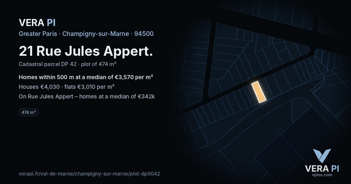 21 Rue Jules Appert, Champigny-sur-Marne at night – the plot lit, the parcels around coloured by the prices near them