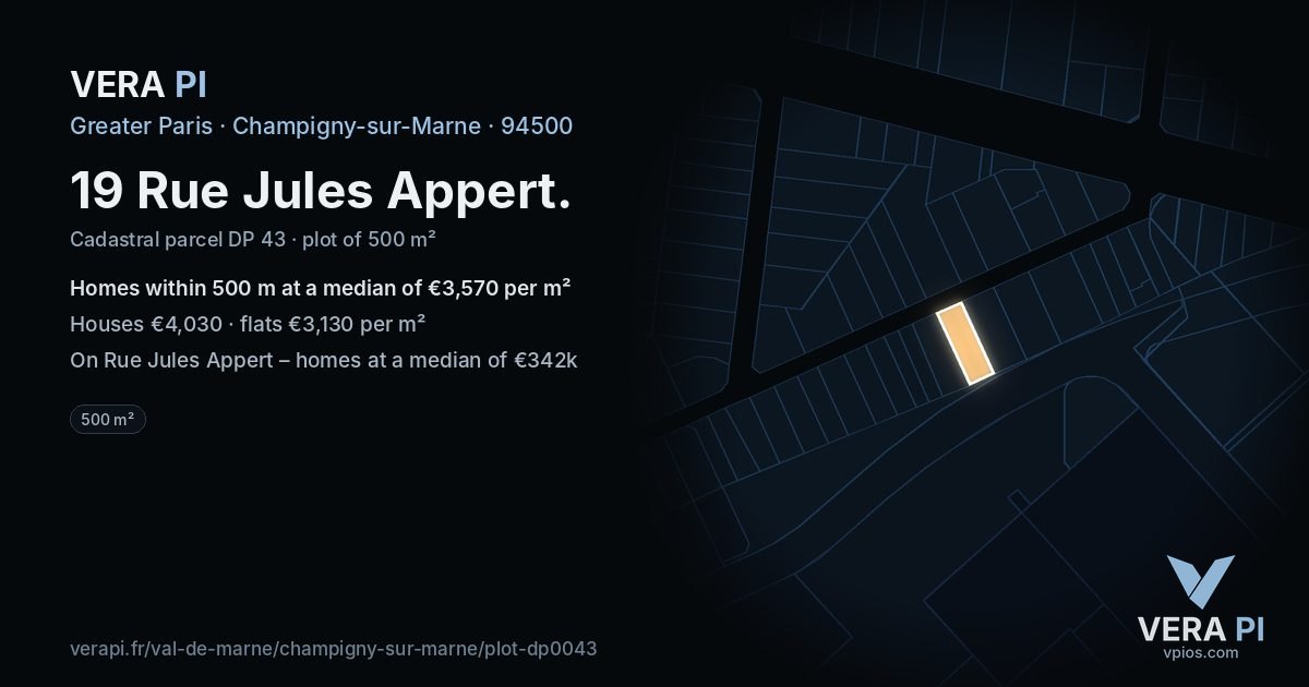 19 Rue Jules Appert, Champigny-sur-Marne at night – the plot lit, the parcels around coloured by the prices near them