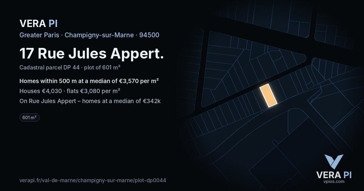 17 Rue Jules Appert, Champigny-sur-Marne at night – the plot lit, the parcels around coloured by the prices near them