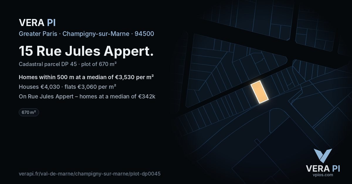15 Rue Jules Appert, Champigny-sur-Marne at night – the plot lit, the parcels around coloured by the prices near them
