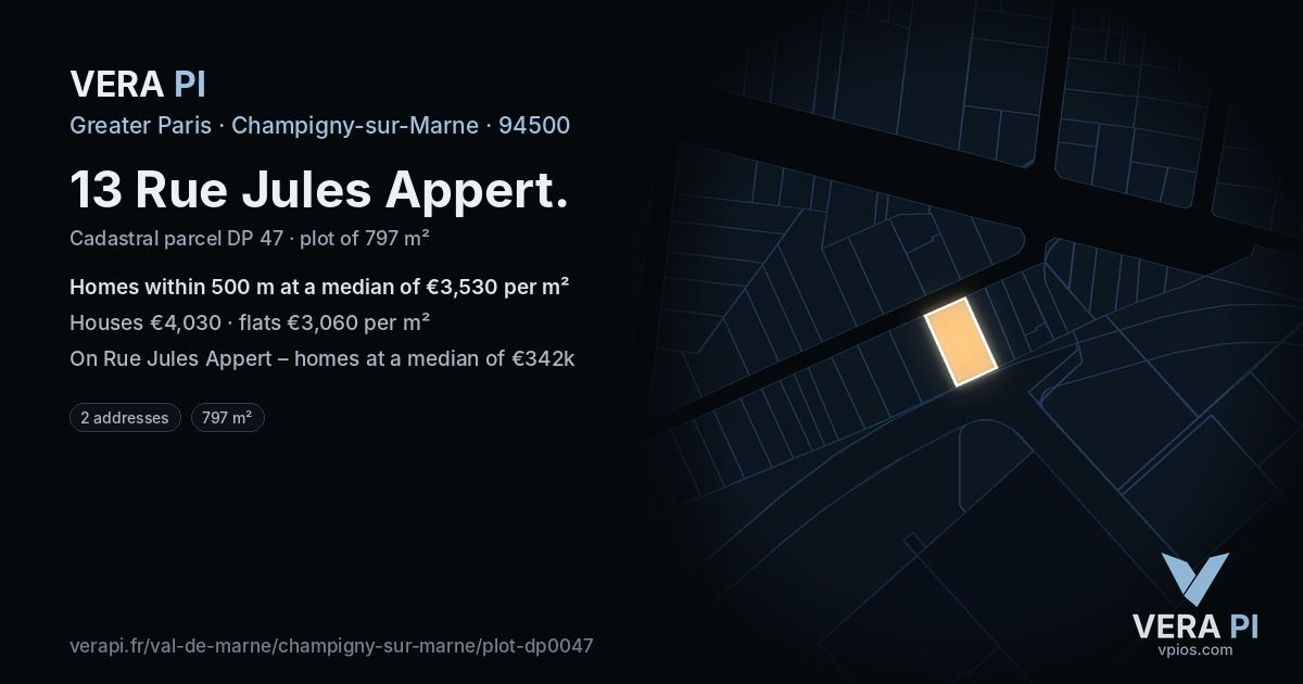 13 Rue Jules Appert, Champigny-sur-Marne at night – the plot lit, the parcels around coloured by the prices near them