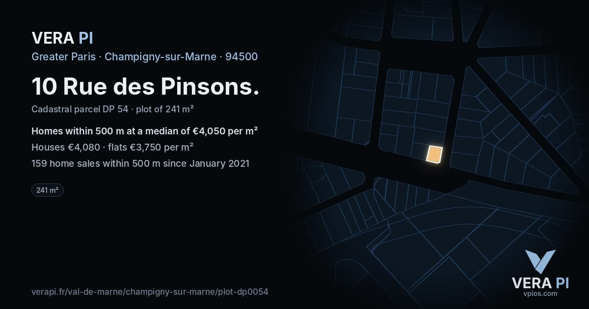 10 Rue des Pinsons, Champigny-sur-Marne at night – the plot lit, the parcels around coloured by the prices near them
