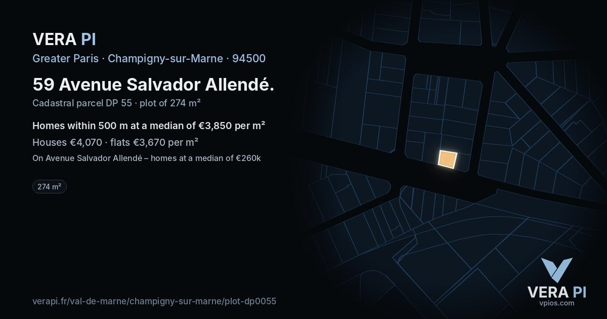 59 Avenue Salvador Allendé, Champigny-sur-Marne at night – the plot lit, the parcels around coloured by the prices near them